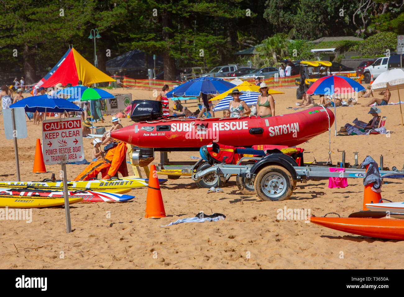 Surf rescue lifeguard equipment including dinghy with outboard and