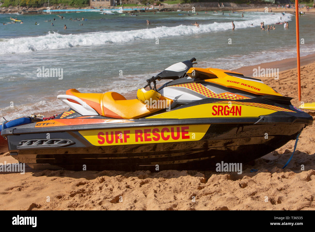 Australian surf rescue craft jet ski on Palm beach in Sydney,Australia Stock Photo