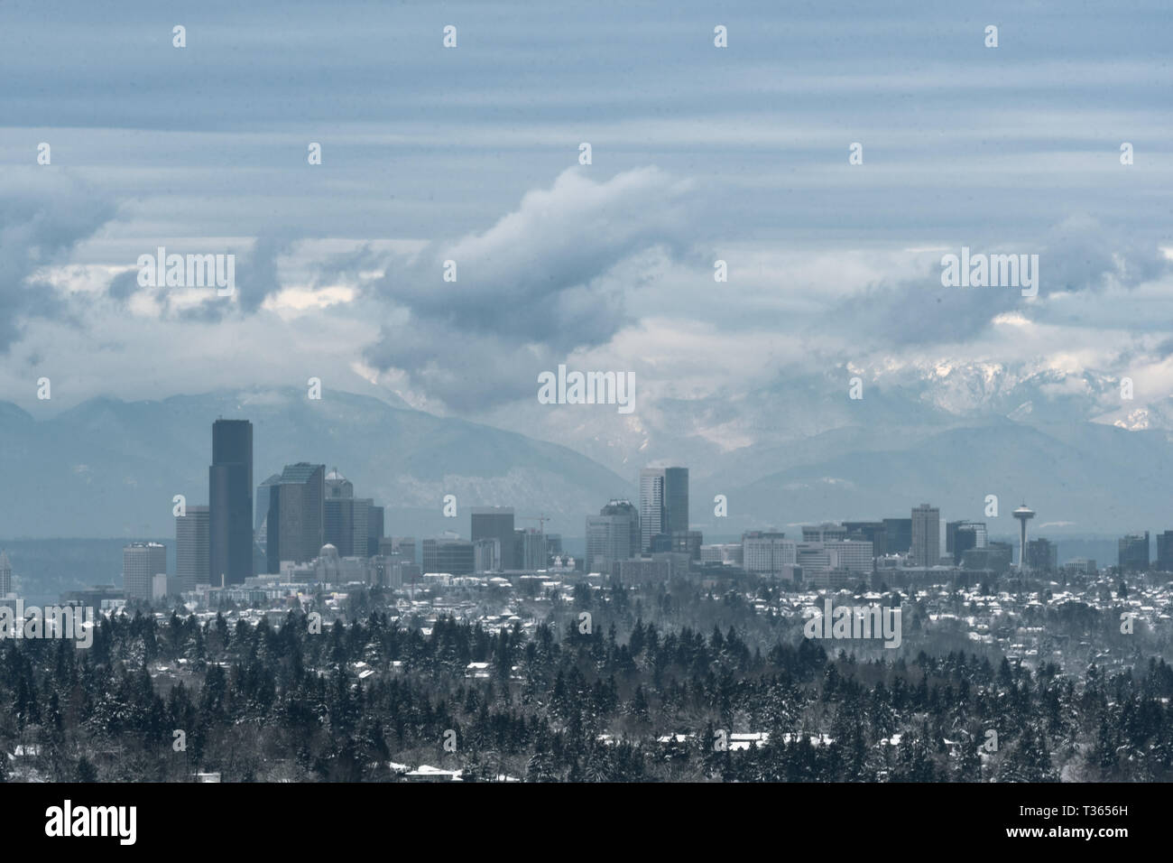Long Exposure of Seattle at Sunset after Snowstorm in 2019 Stock Photo