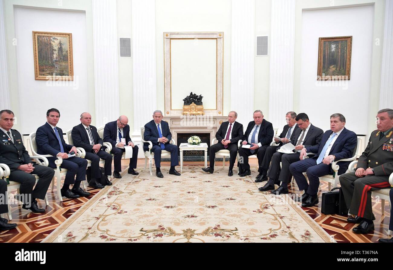 Russian President Vladimir Putin, right, holds a bilateral meeting with Israeli President Benjamin Netanyahu at the Kremlin April 4, 2019 in Moscow, Russia. Stock Photo