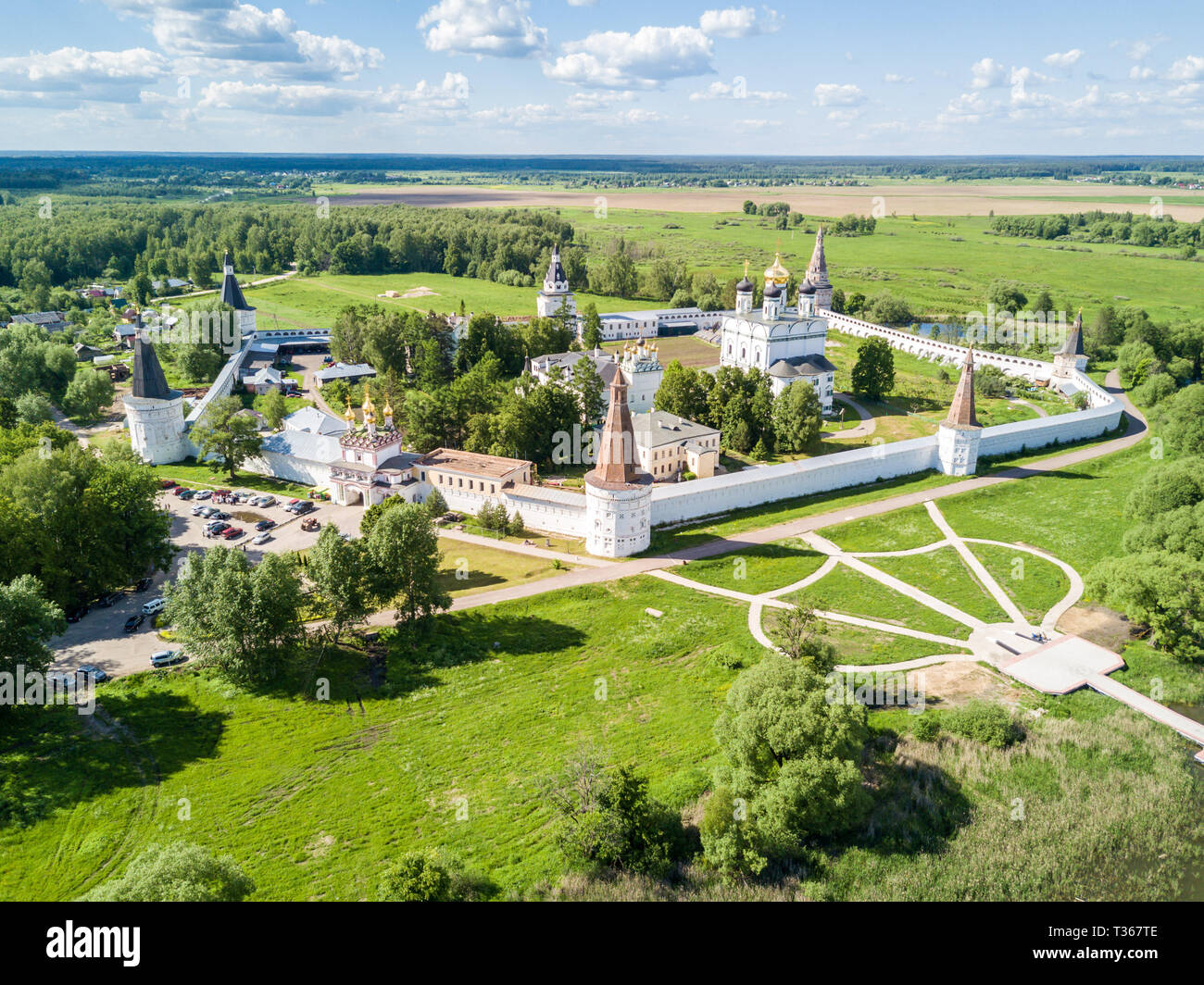 Joseph-Volokolamsk lavra or Josepho-Volotsky monastery, and a lake, near Volokolamsk, Moscow Oblast, Russia. Russian Eastern Orthodox Christian Church Stock Photo