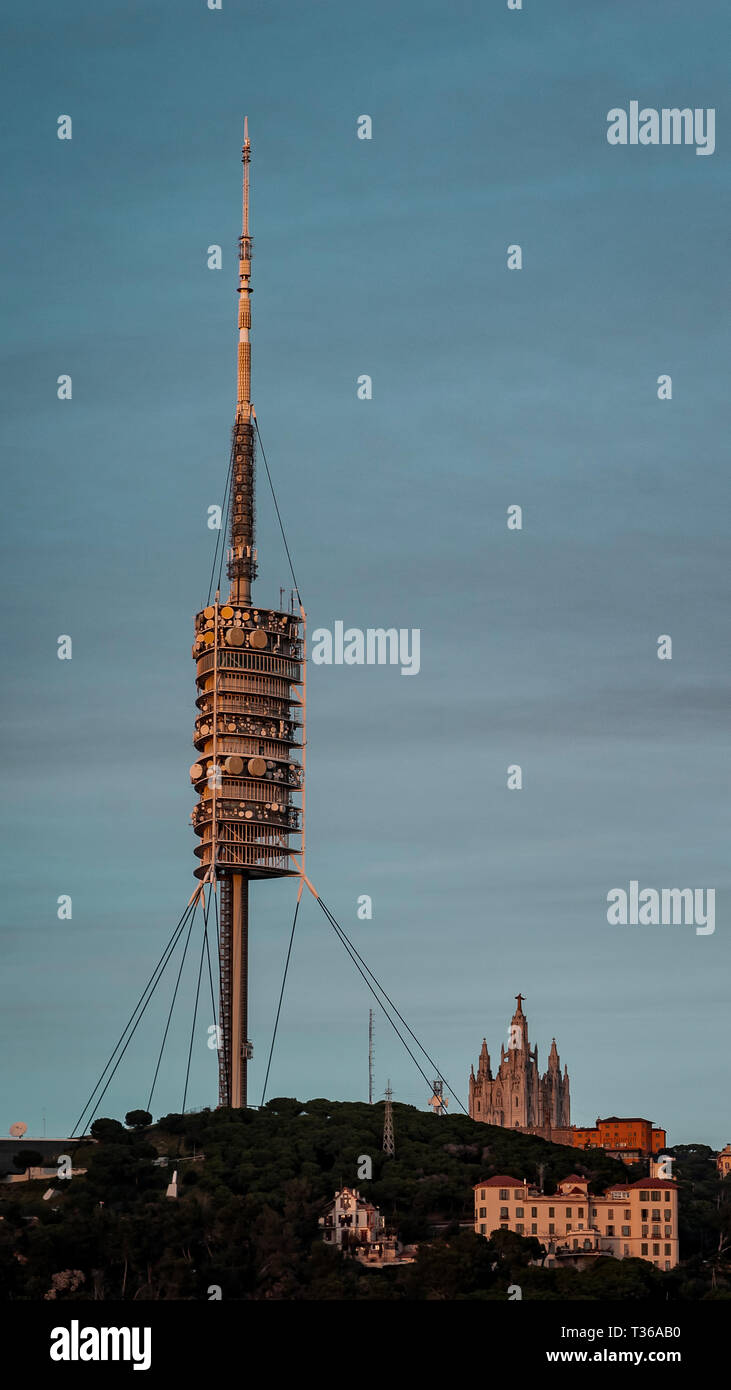 Vertical view of the communications tower of Barcelona and Tibidabo from the Aigues road, Barcelona. Stock Photo