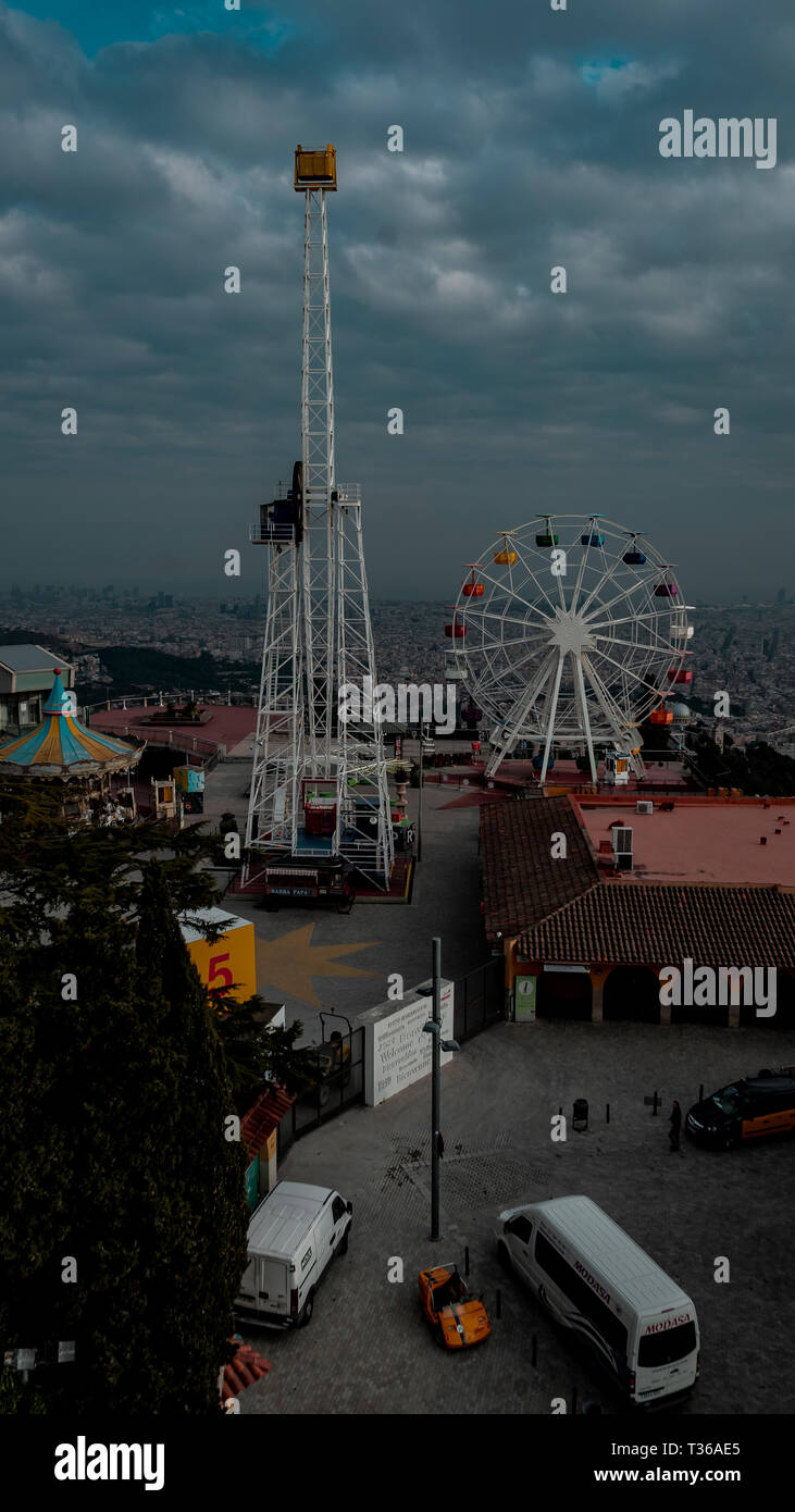 Tibidabo Park with Barcelona in the background. Stock Photo