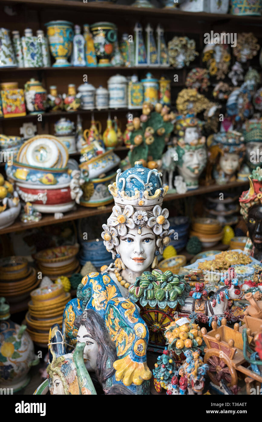Display of traditional ceramics in ancient artisan ceramic shop in the city of Taormina, East