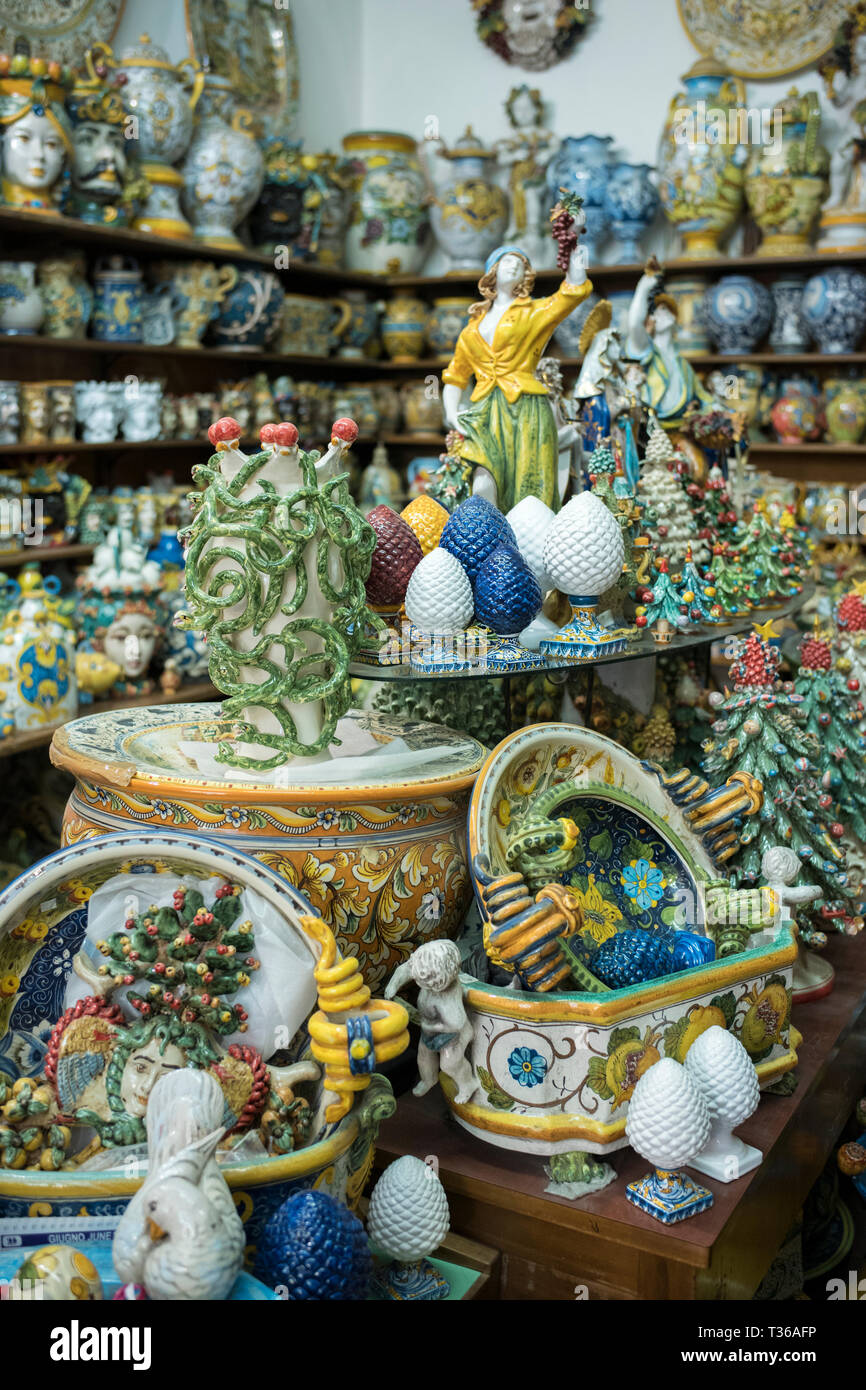 Display of traditional ceramics in ancient artisan ceramic shop in the