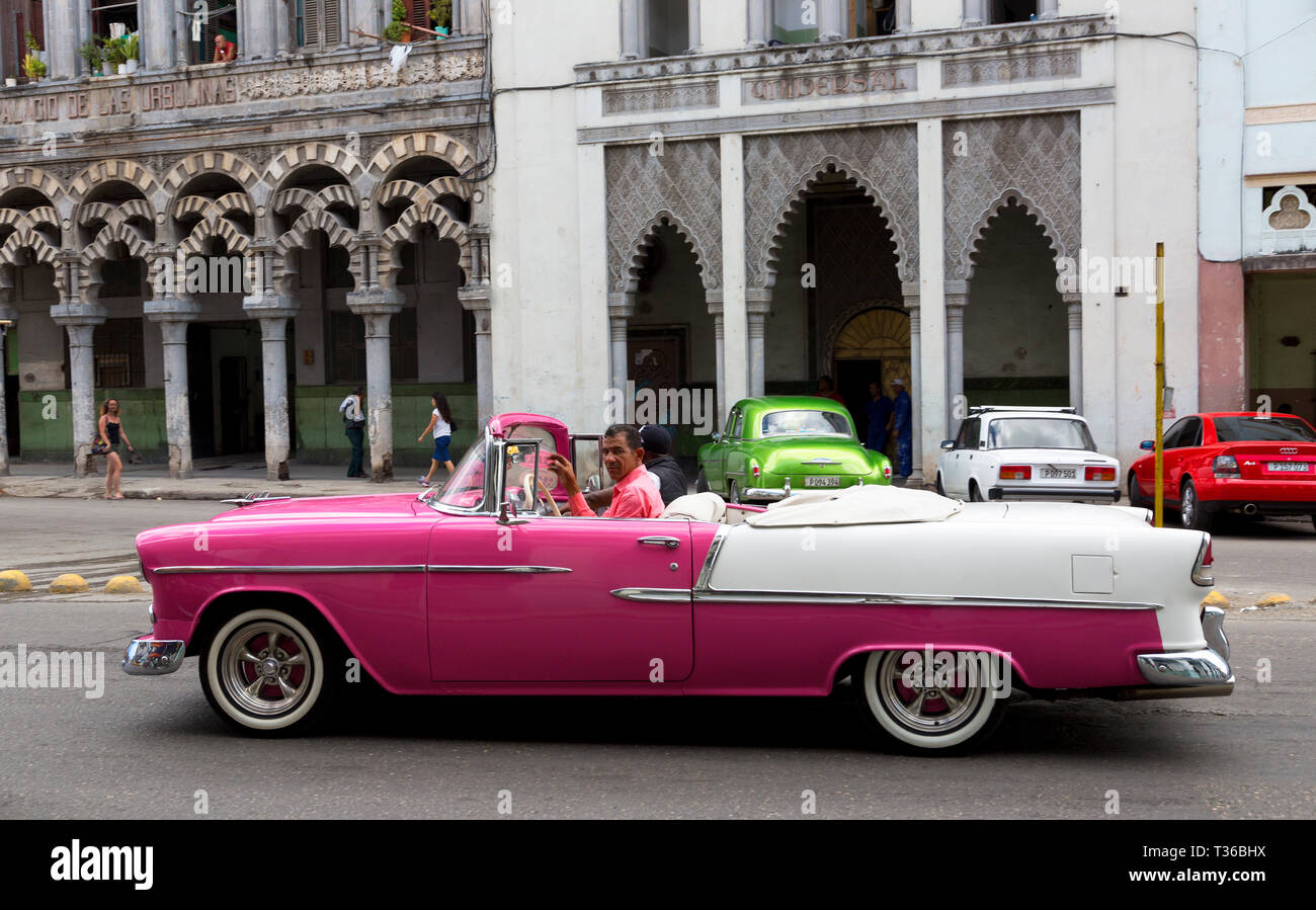 Pink and White 1955 Chevrolet Belair Convertible driving the street in Havana, Cuba Stock Photo