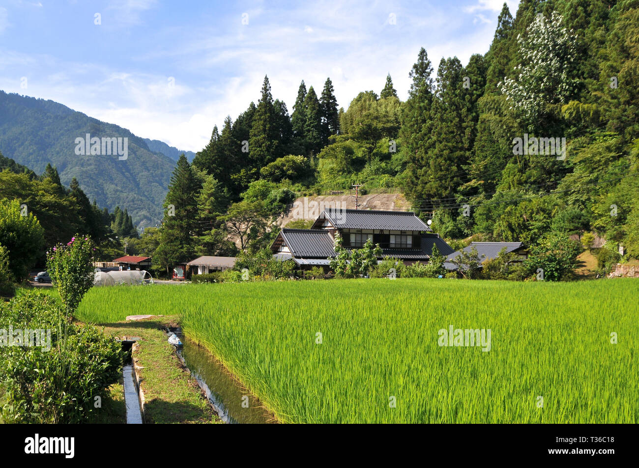 Tsumago, Nagano, Japan - 30th July 2018 : Beautiful view of a typical Japanese house surrounded by a rice field on the Nakasendo road trail in Japan Stock Photo