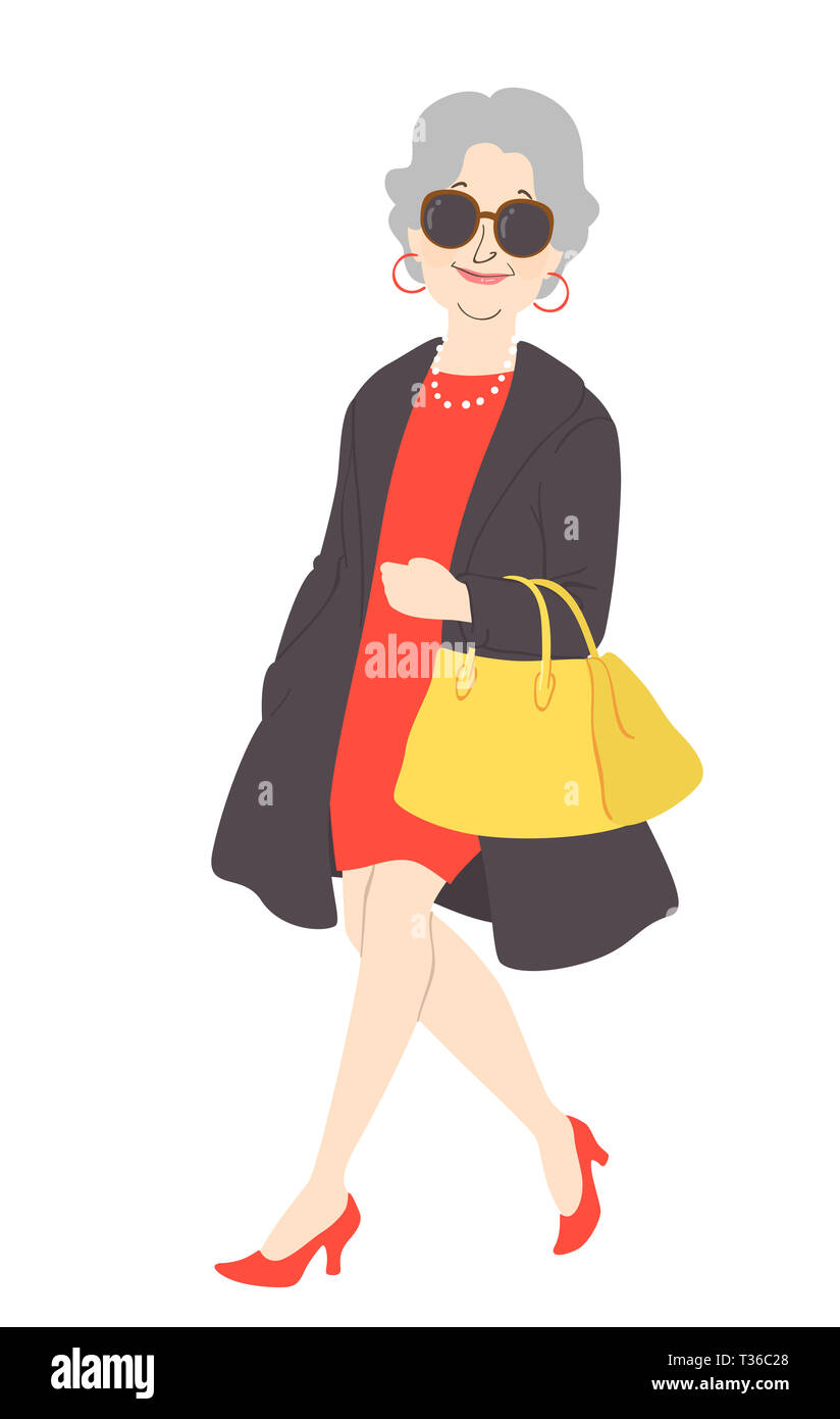 Illustration of a Senior Woman Wearing Fashionable Clothes, Bag and Other Accessories Stock Photo