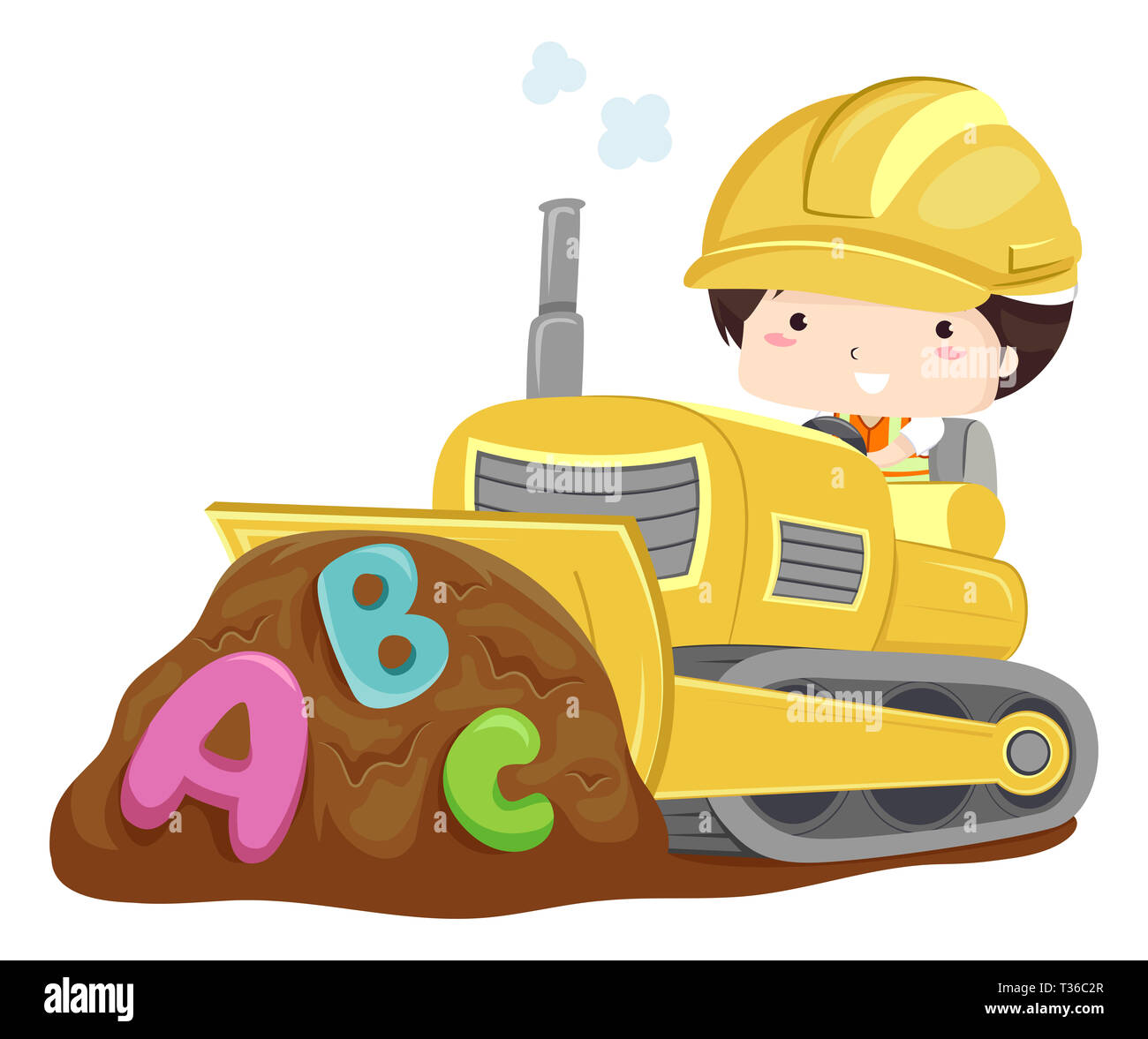 Illustration of a Kid Boy Wearing a Yellow Construction Hard Hat Pushing Soil with ABC Using a Bulldozer Stock Photo