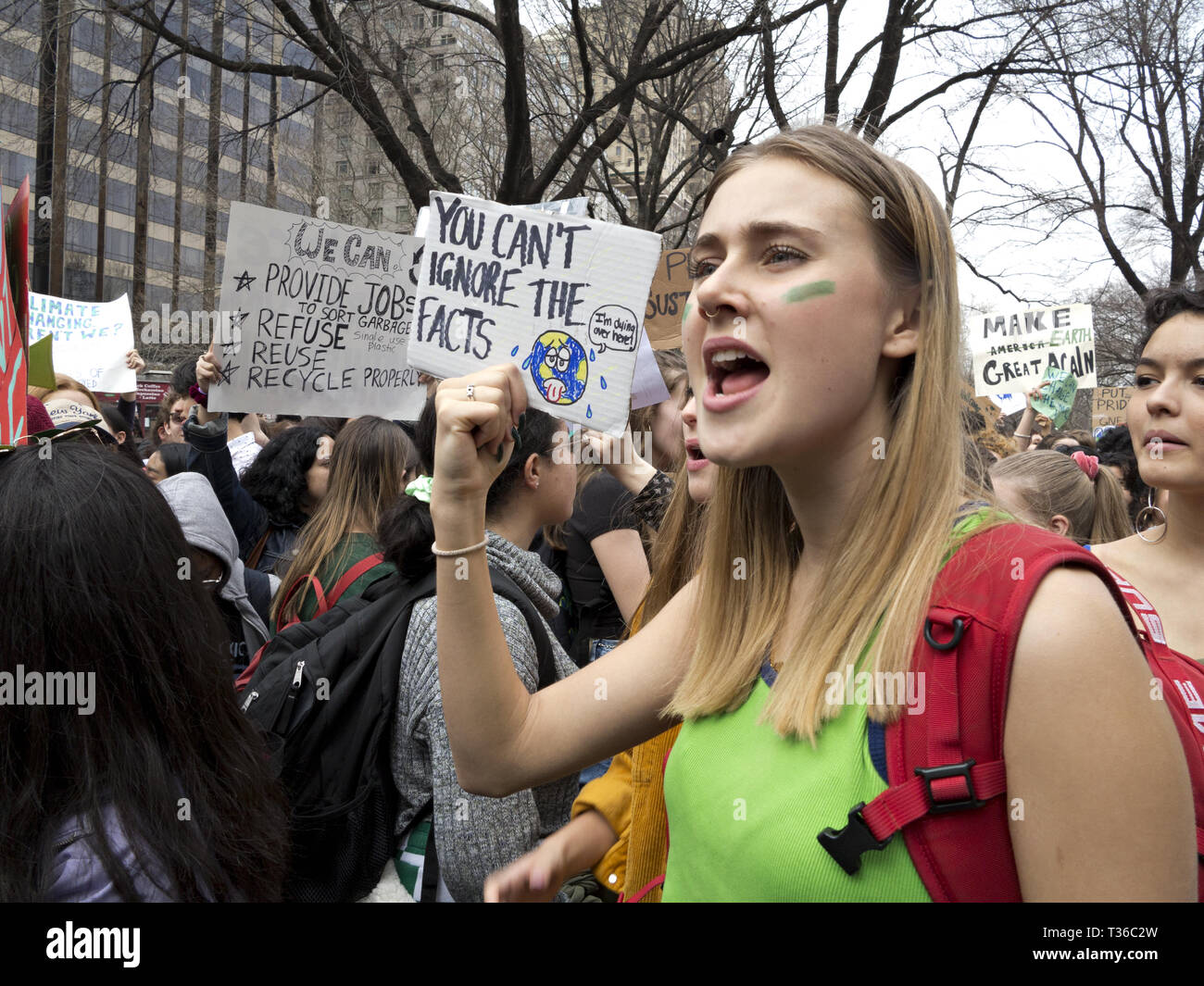 New York City, USA. 15th March, 2019. NYC Youth Climate Strike at Columbus Circle Stock Photo