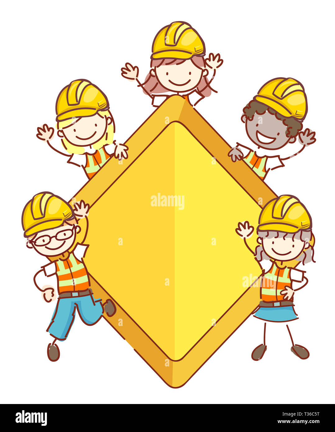 Illustration of Stickman Kids Wearing Yellow Hard Hats and Vests Standing with a Blank Construction Sign or Board Stock Photo
