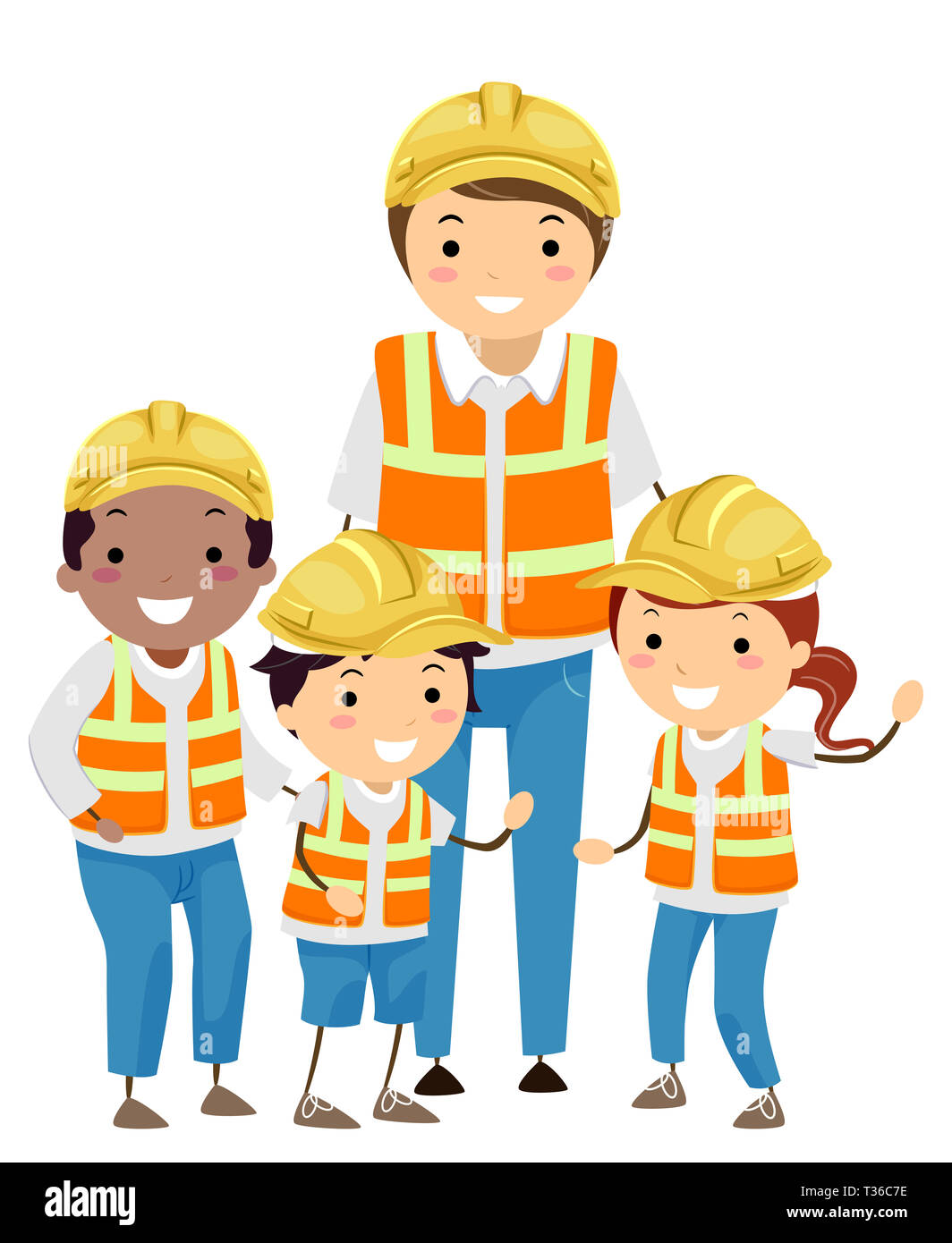 Illustration of Stickman Kids with Construction Engineer Wearing Yellow Hard Hat and Safety Vest Stock Photo