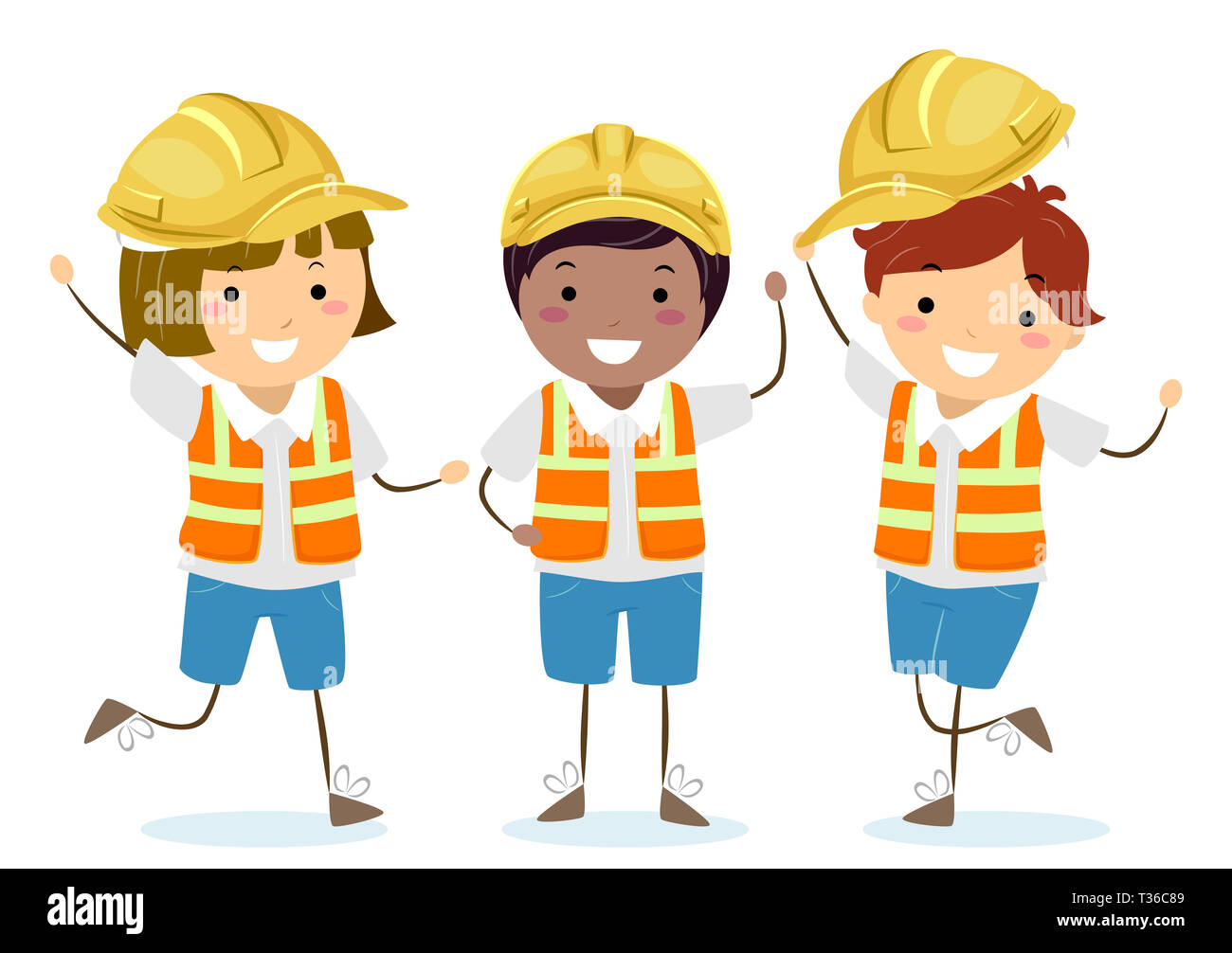 Illustration of Stickman Kids Wearing Yellow Construction Hard Hats and Reflector or Safety Vest Stock Photo
