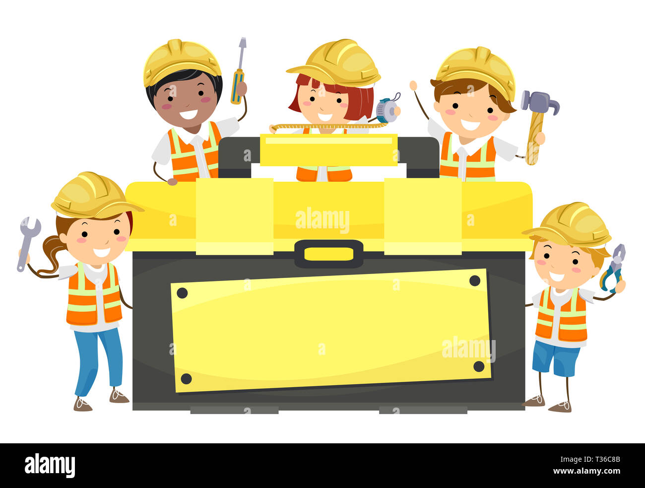 Illustration of Stickman Kids with Construction Tool Box Holding a Wrench,  Screw Driver, Tape Measure, Hammer and Pliers Stock Photo - Alamy