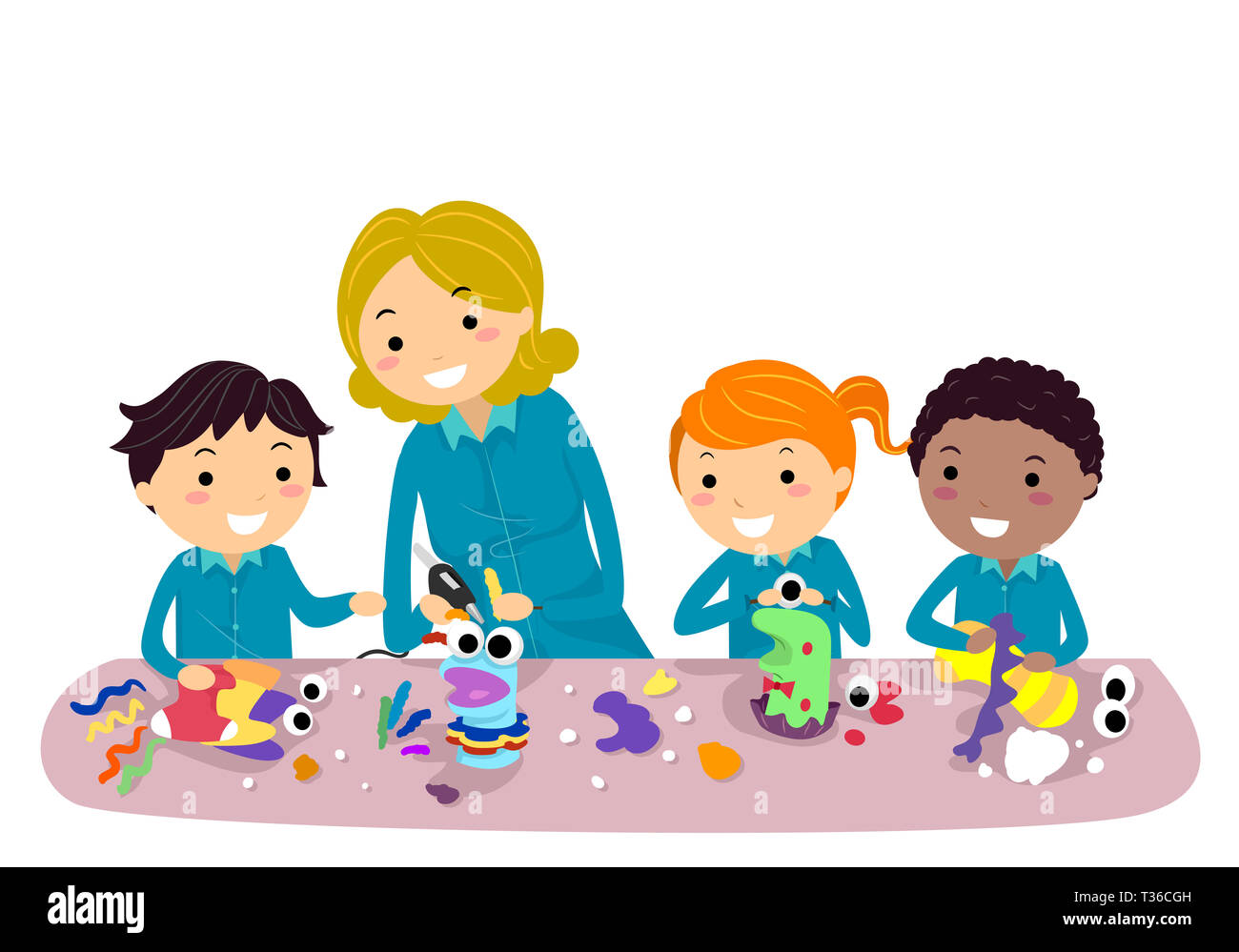 Illustration of Stickman Kids Making Cute Sock Puppets with Teacher in Class Stock Photo