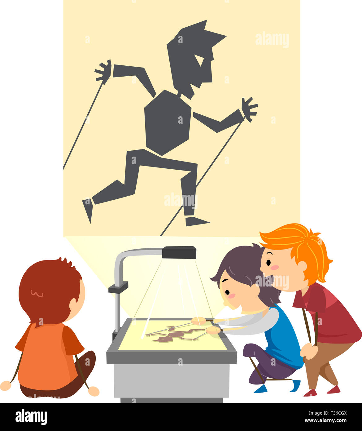 Illustration of Stickman Kids with a Projector Doing a Shadow Play with