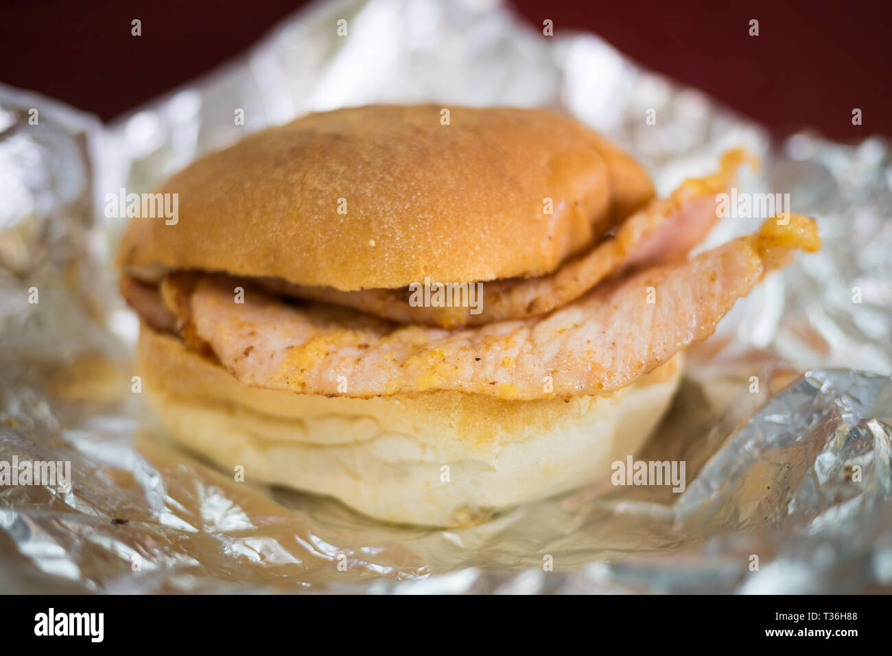 The world-famous peameal bacon sandwich from Carousel Bakery at St. Lawrence Market in Toronto, Ontario, Canada. Stock Photo