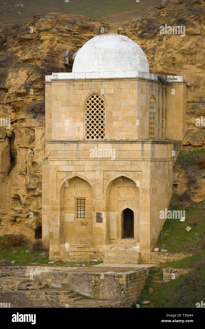 MARAZY, AZERBAIJAN - JANUARY 03, 2018: Medieval mausoleum of Sheikh Diri Baba close up Stock Photo
