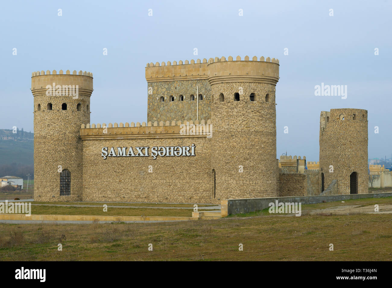 SHEMAKHI, AZERBAIJAN - JANUARY 01, 2018: Reconstruction of the medieval fortress of the city of Shemakhi on a cloudy January day. Azerbaijan Stock Photo
