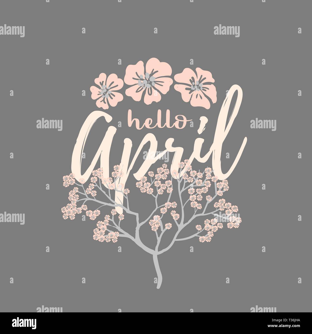 Hello april card with Cherry Blossom Spring Flower tree Stock Vector
