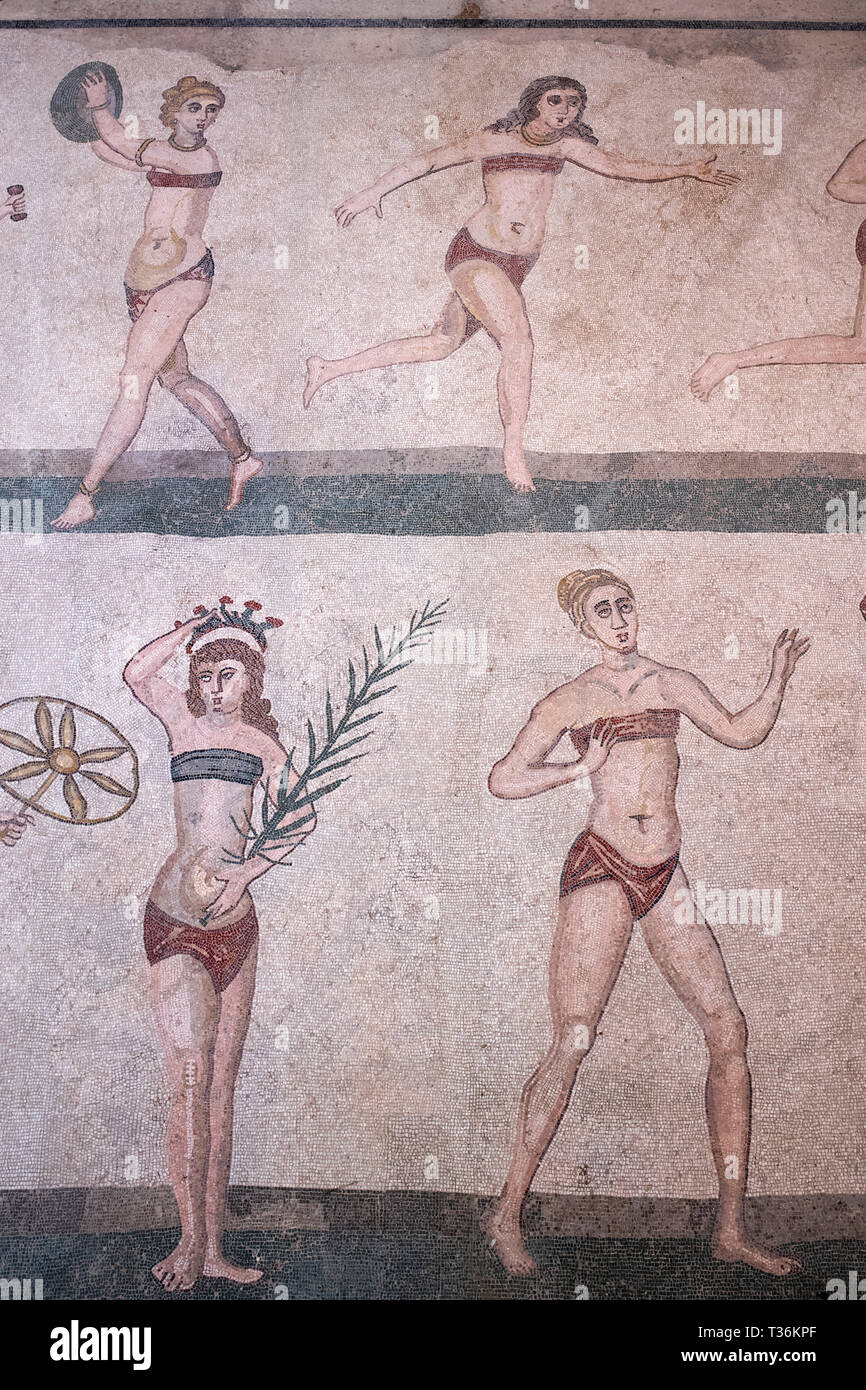 Famous mosaics and mosiac art of ' bikini girls ' athletes at ancient Roman Villa del Casale, Piazza Armerina, Sicily, Italy Stock Photo