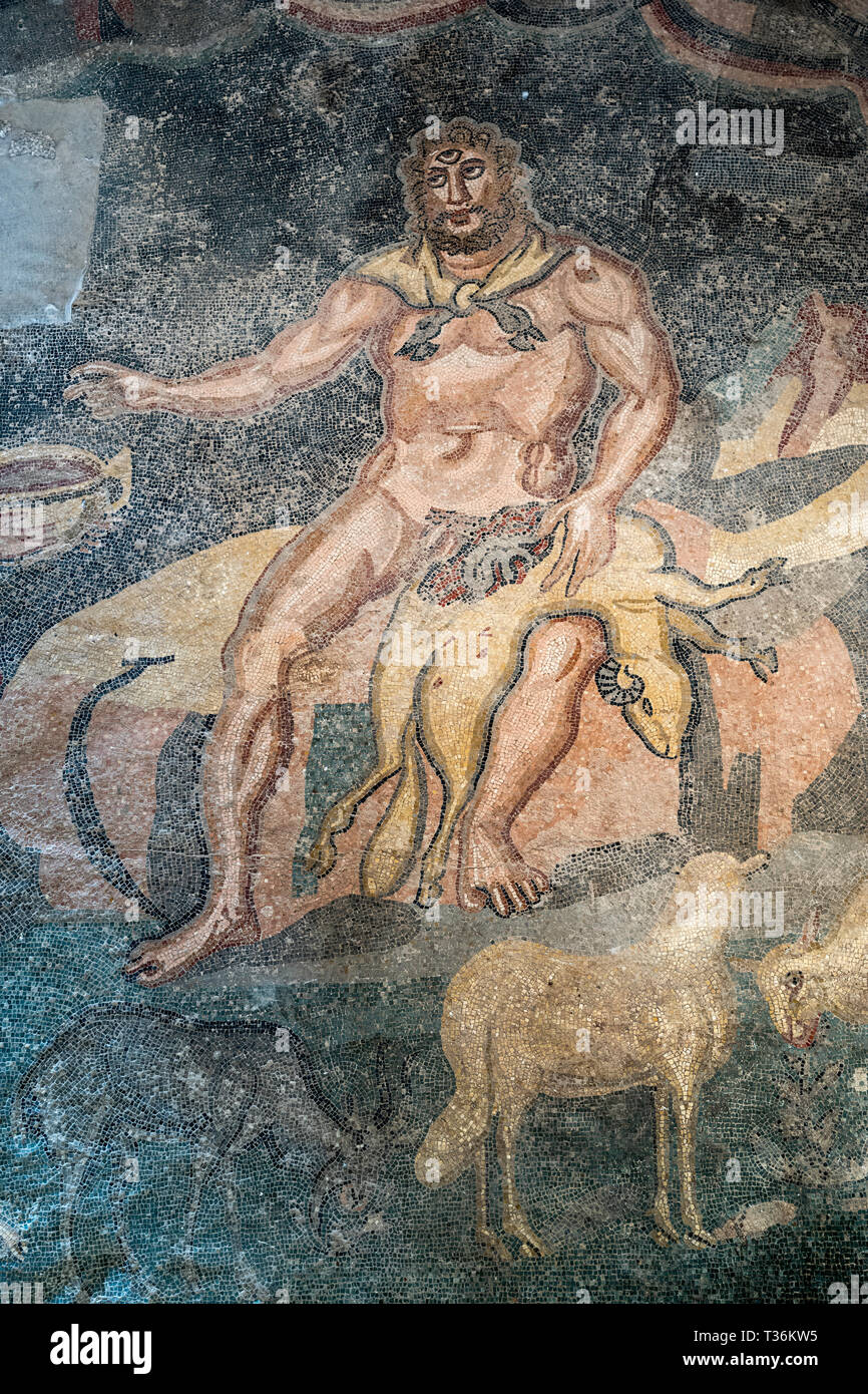 Ulysses in cave of Polyphemus mosaic from Homer's Odyssey at Triclinium Villa Romana del Casale, Piazza Armerina, Sicily Stock Photo