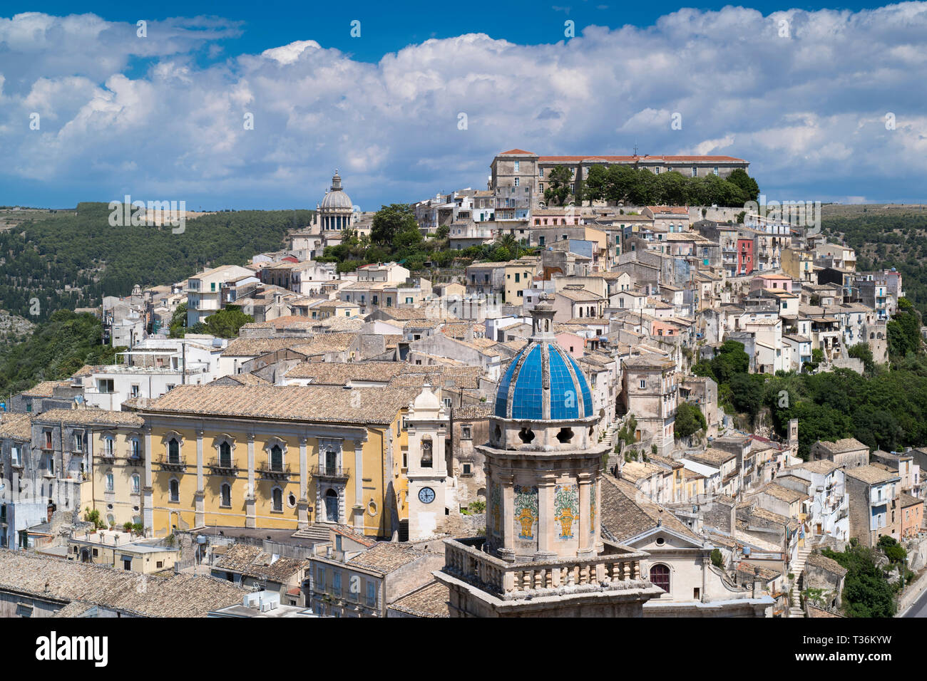 Aerial view of Ragusa Ibla famous hill town with Santa Maria delli'Idria a Baroque style church in foreground, Sicily Stock Photo