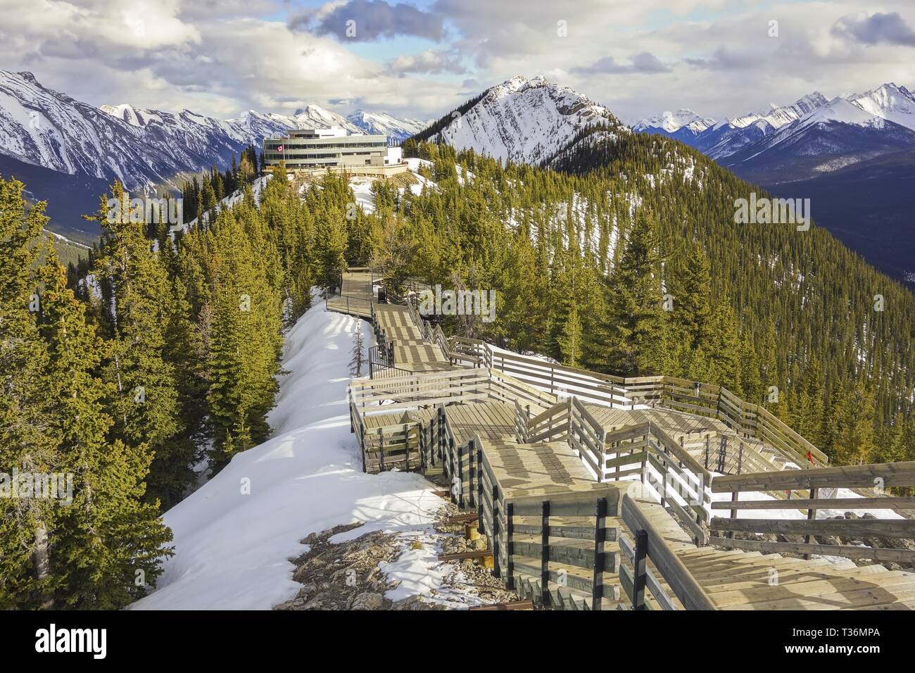 Wooden Boardwalk Stairs Distant Snowy Peaks Sulphur Mountain Gondola