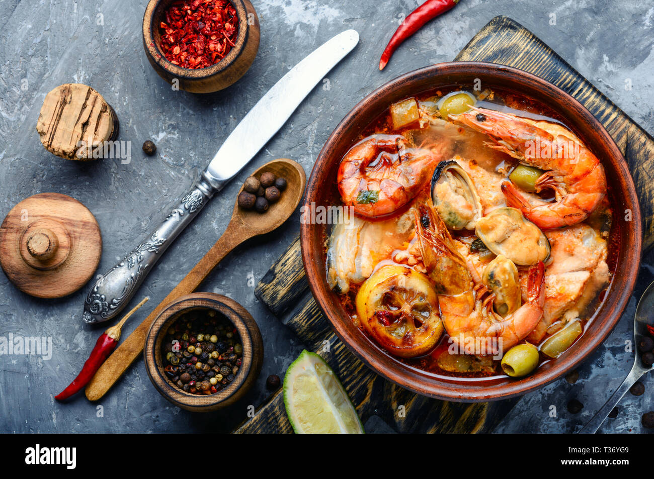 Traditional thai cuisine.Tom yum goong.Spicy shrimp soup.Ingredients for Thai soup Stock Photo