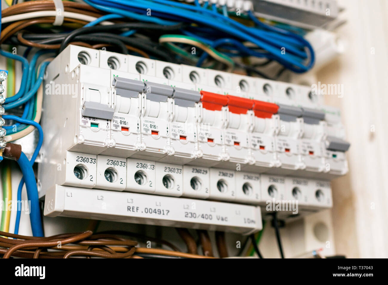 Fuses in a opened fusebox Stock Photo