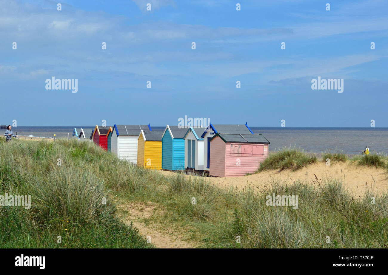 Rows of beach huts at Southwold seaside resort in Suffolk, UK Stock Photo