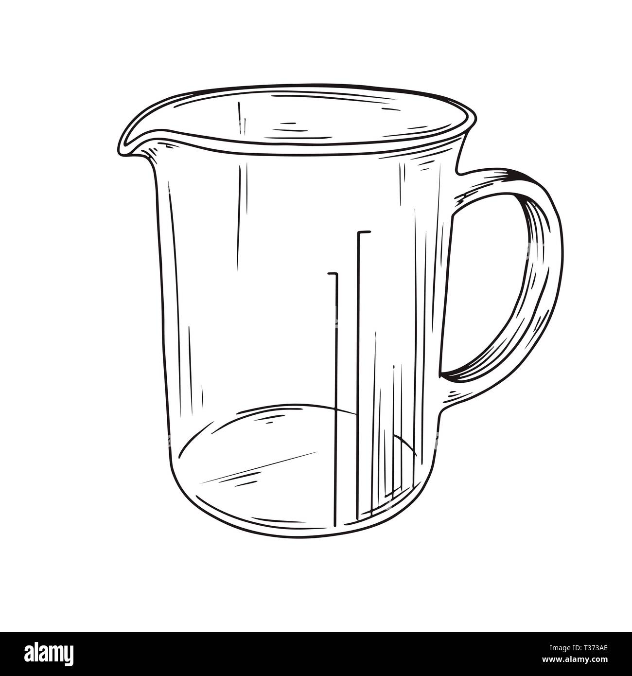 Chemical measuring jug with blue liquid isolated hand drawn sketch. Vector measuring  cup with handle. Plastic or glass beaker flask with water, biology or  chemistry reservoir, reagent with toxic fluid:: موقع تصميمي