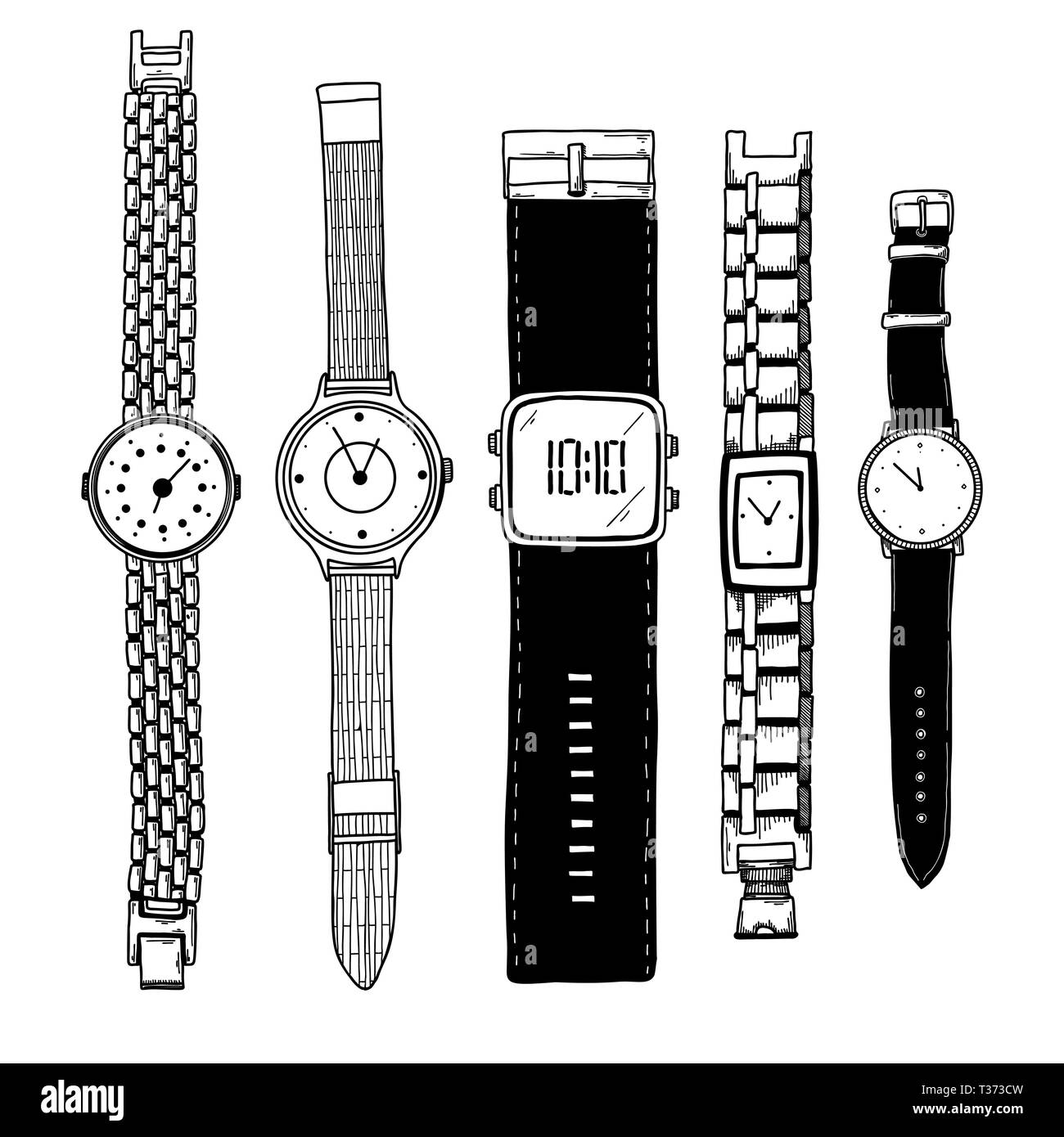 Realistic sketch of a watch. Set of different watches. Vector Stock Vector