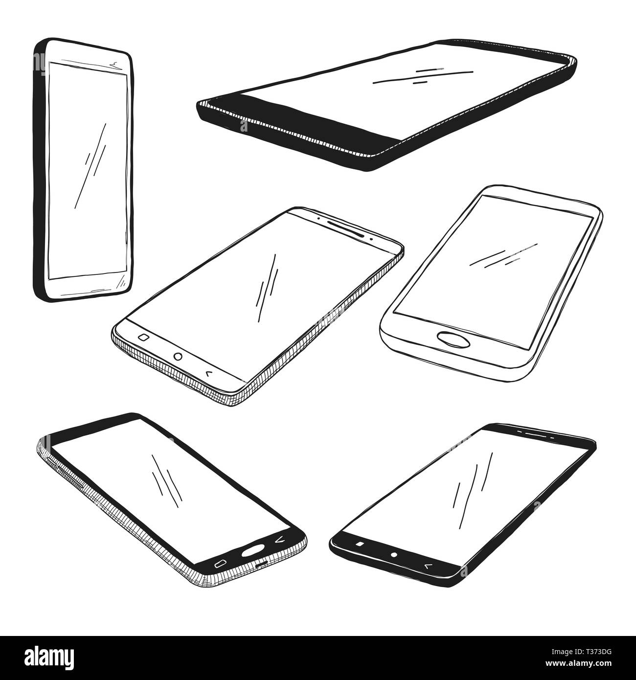 Sketch of smartphones. The set of phones is isolated on a white background. Vector illustration. Stock Vector