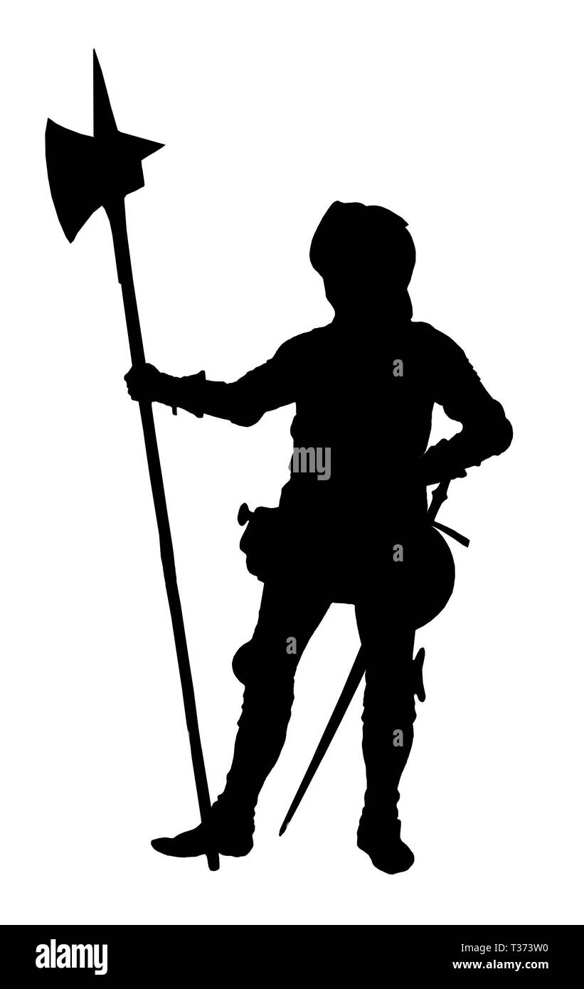 Medieval knight silhouette. Ancient soldier illustration. Crusader drawing. Stock Photo