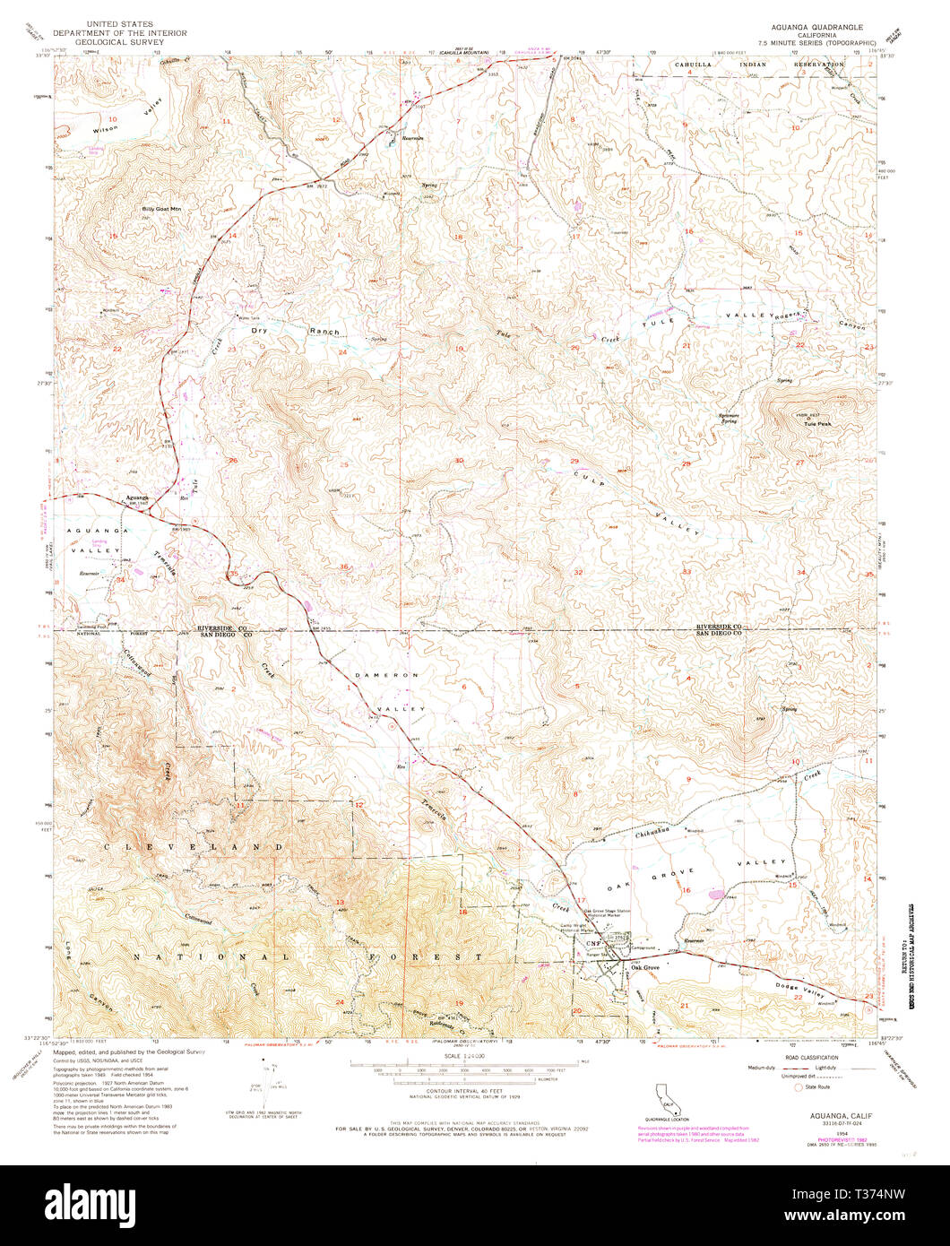 USGS TOPO Map California CA Aguanga 287834 1954 24000 Restoration Stock Photo