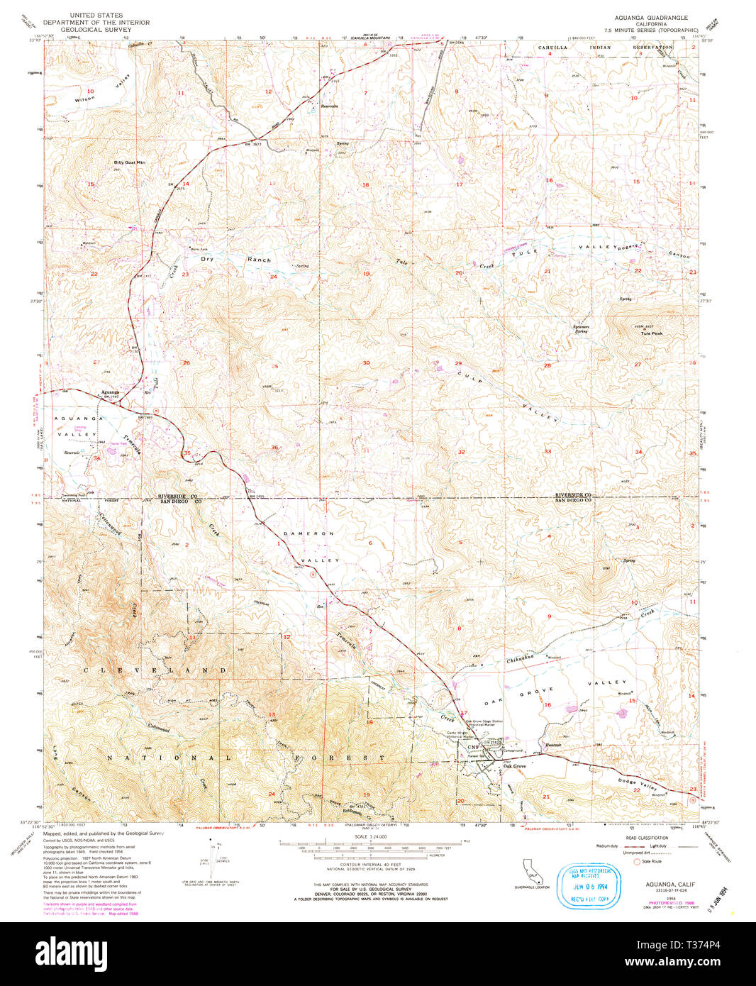USGS TOPO Map California CA Aguanga 287835 1954 24000 Restoration Stock Photo