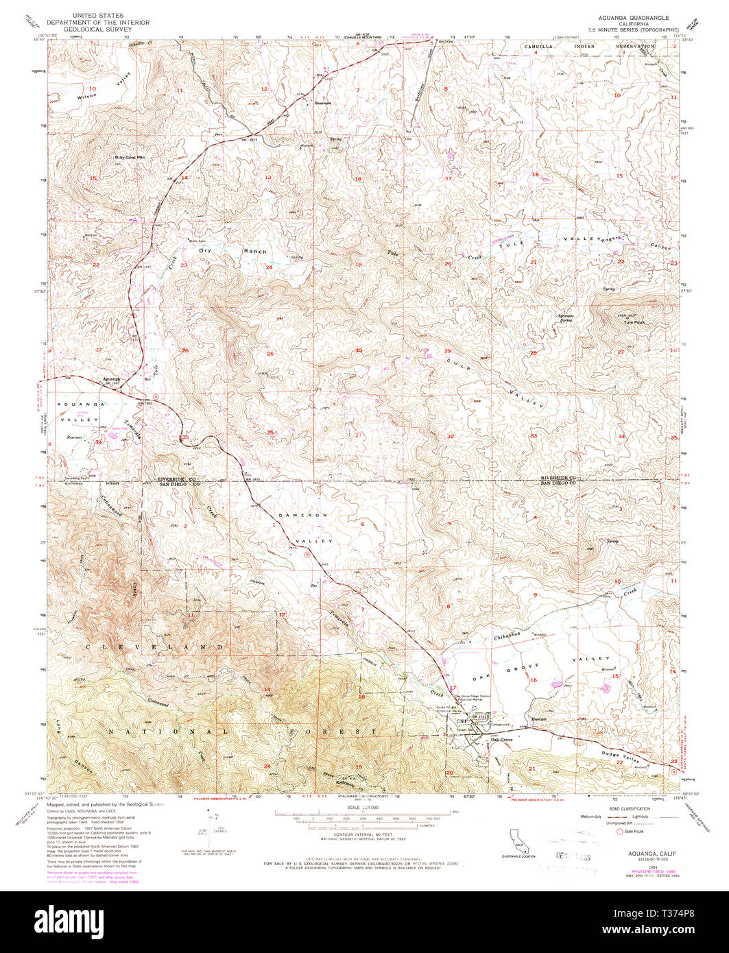 USGS TOPO Map California CA Aguanga 287836 1954 24000 Restoration Stock Photo