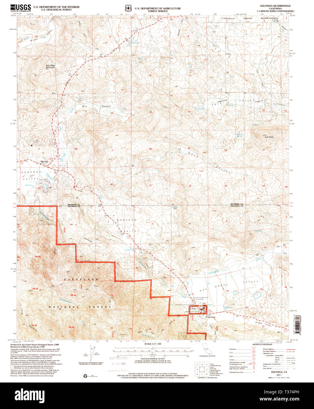 USGS TOPO Map California CA Aguanga 287837 1997 24000 Restoration Stock Photo