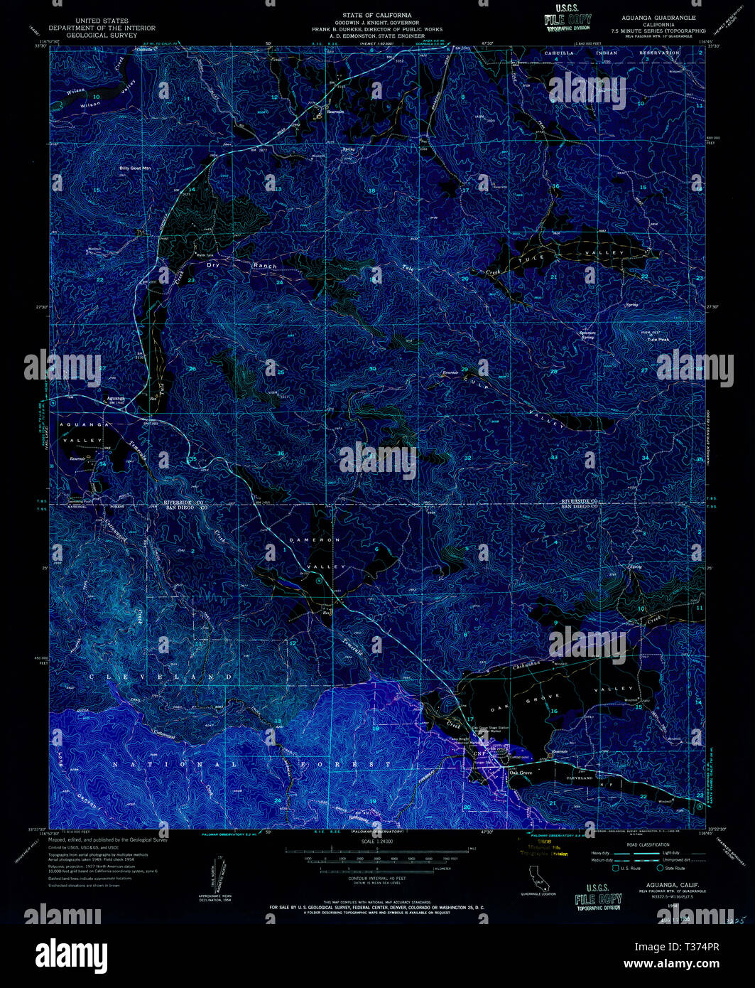 USGS TOPO Map California CA Aguanga 287838 1954 24000 Inverted Restoration Stock Photo