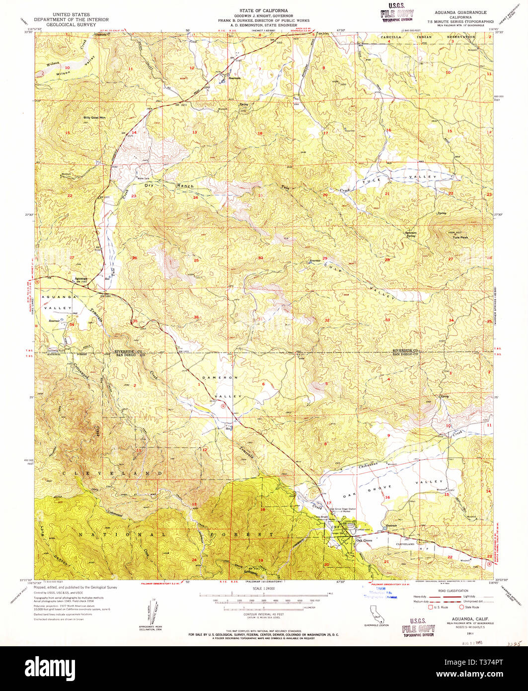 USGS TOPO Map California CA Aguanga 287838 1954 24000 Restoration Stock Photo