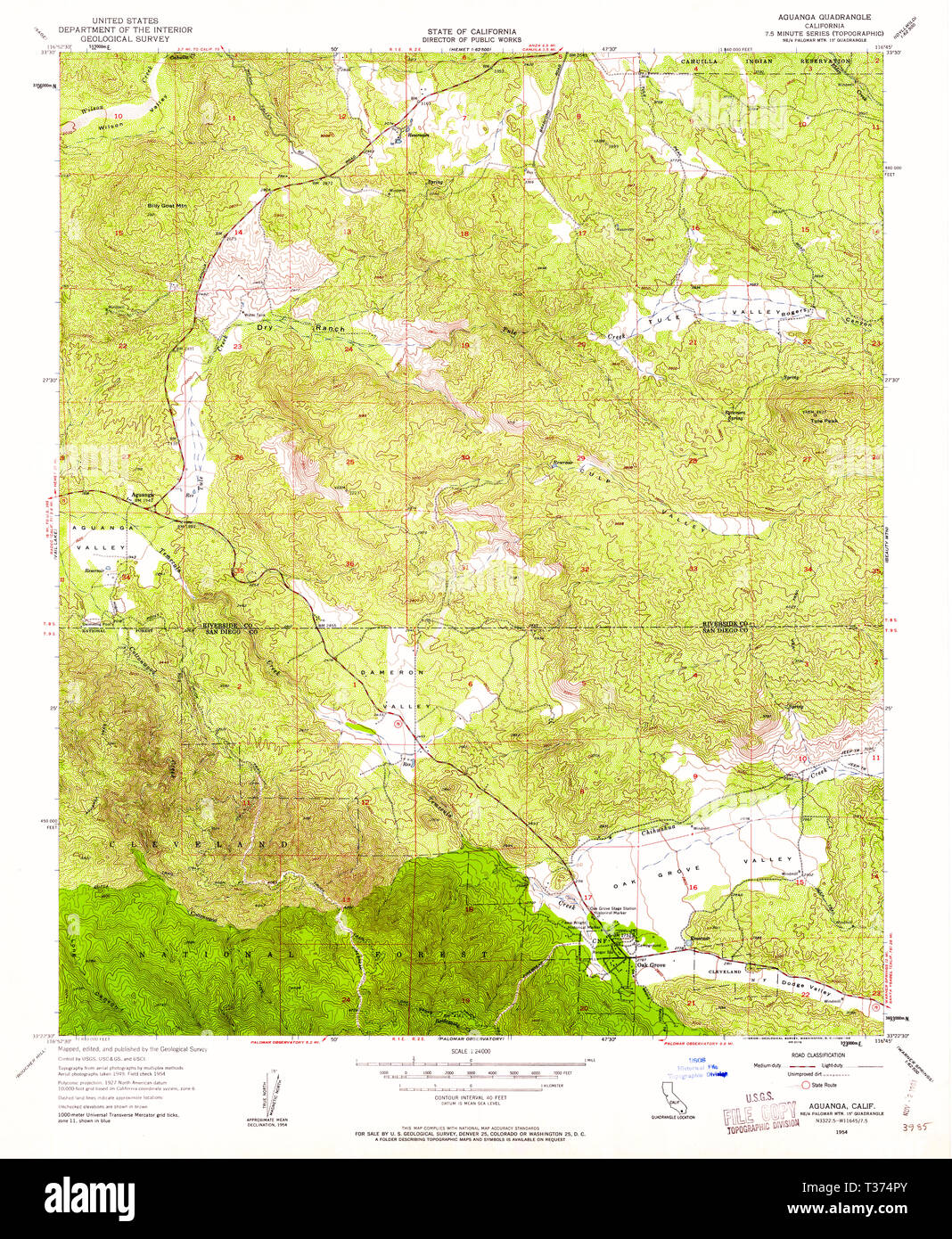 USGS TOPO Map California CA Aguanga 287839 1954 24000 Restoration Stock Photo