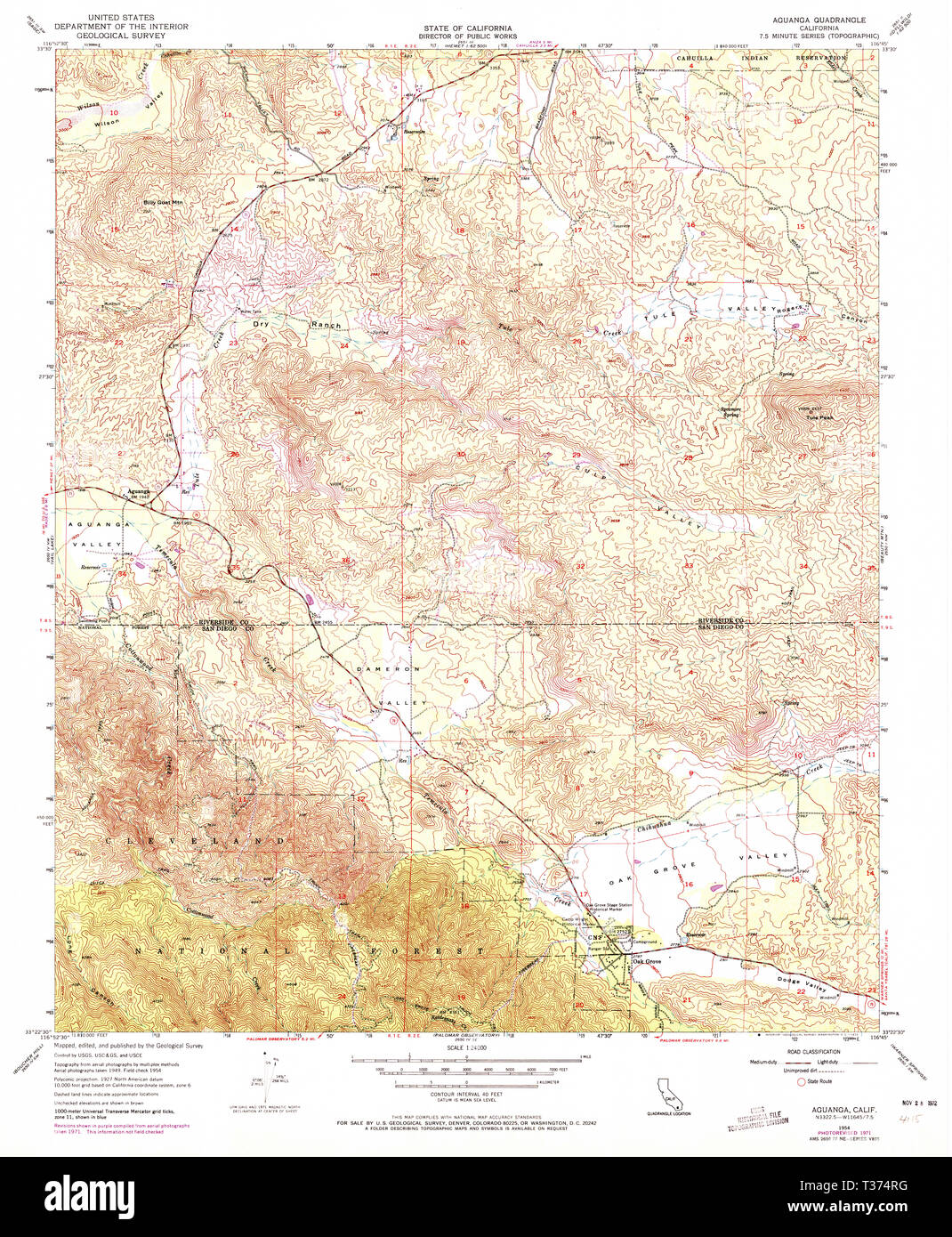 USGS TOPO Map California CA Aguanga 287840 1954 24000 Restoration Stock Photo