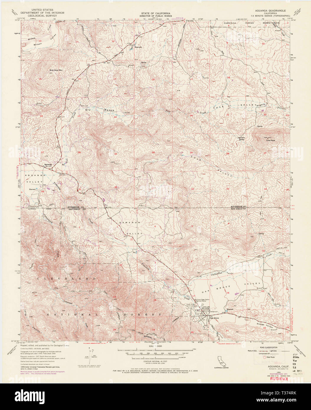 USGS TOPO Map California CA Aguanga 302215 1954 24000 Restoration Stock Photo