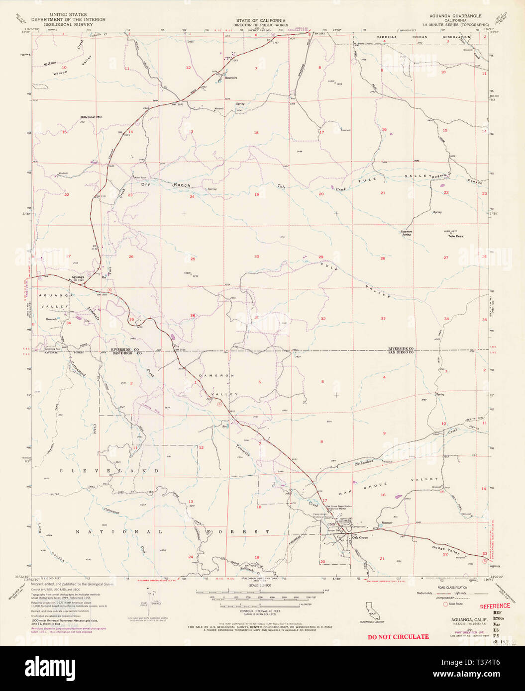 USGS TOPO Map California CA Aguanga 302216 1954 24000 Restoration Stock Photo