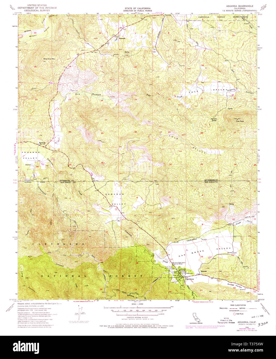 USGS TOPO Map California CA Aguanga 287841 1954 24000 Restoration Stock Photo