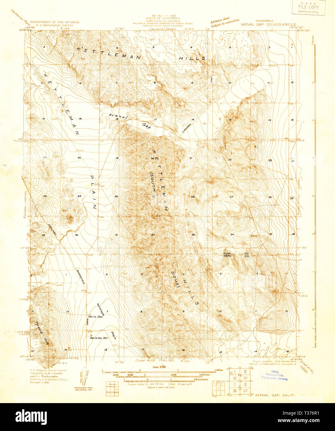 USGS TOPO Map California CA Avenal Gap 295914 1930 31680 Restoration Stock Photo