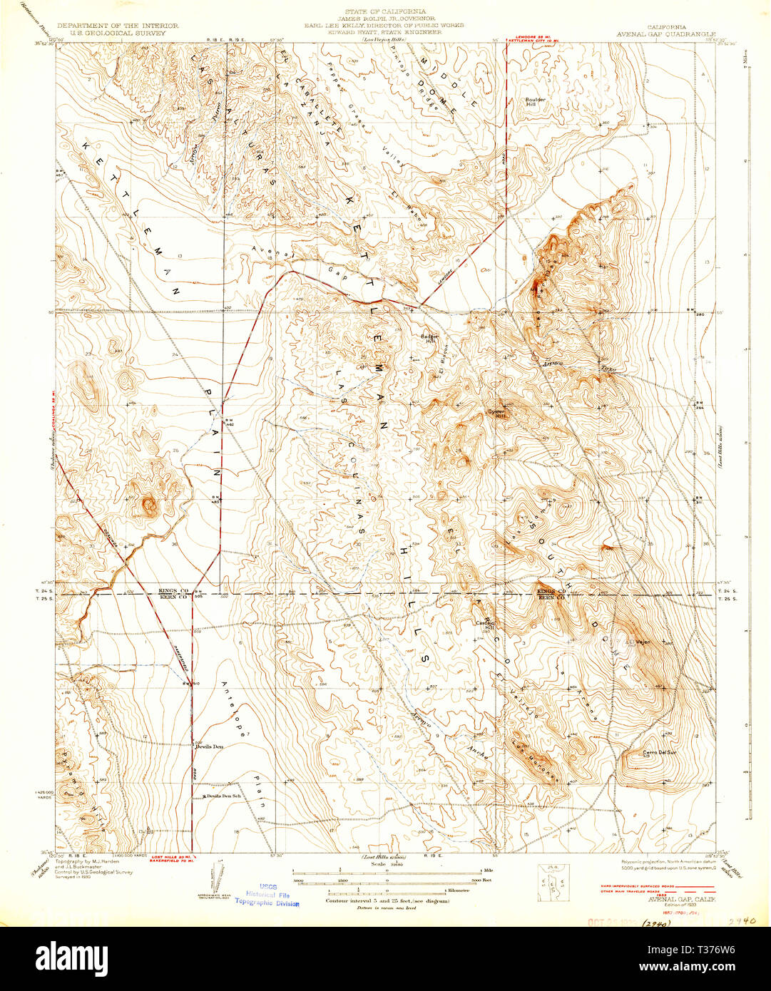 USGS TOPO Map California CA Avenal Gap 295915 1933 31680 Restoration Stock Photo