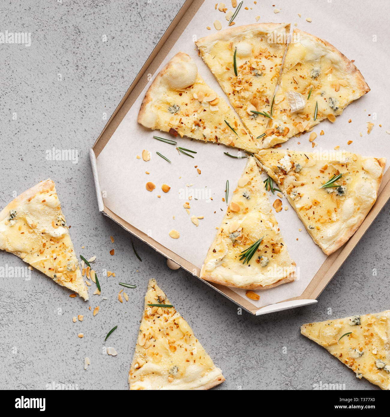Cheese pizza in take away delivery box, closeup Stock Photo Alamy