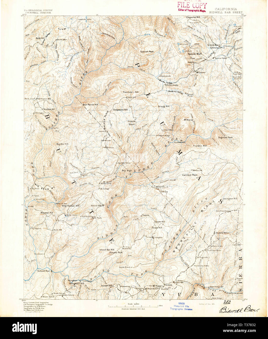 USGS TOPO Map California CA Bidwell Bar 299204 1891 125000 Restoration Stock Photo